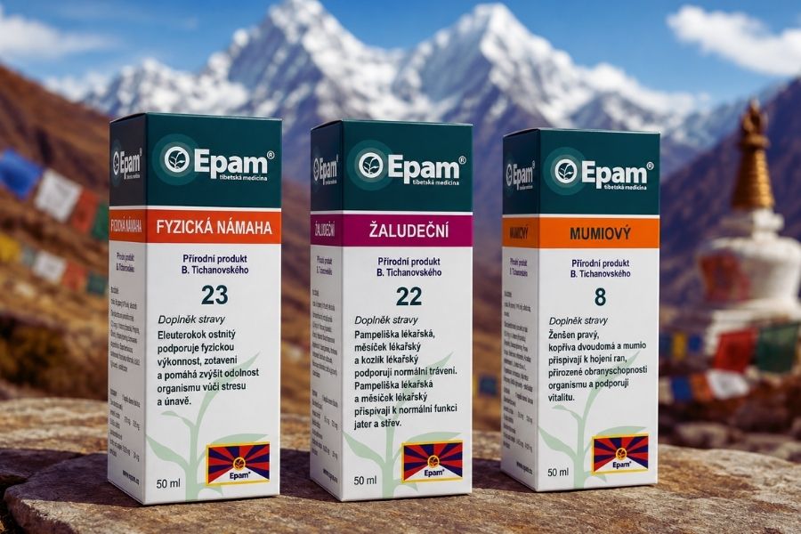 Epam fyzická námaha, želudeční a mumiový, s tibetským pohořím na pozadí.